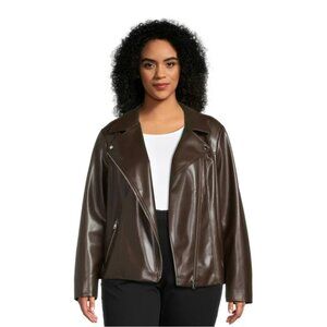 Time And Tru Women Brown Asymmetrical Full Front Zip Faux Leather Jacket Size 2X